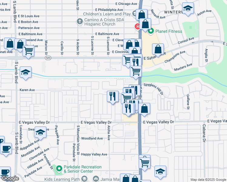map of restaurants, bars, coffee shops, grocery stores, and more near 2725 South Nellis Boulevard in Las Vegas