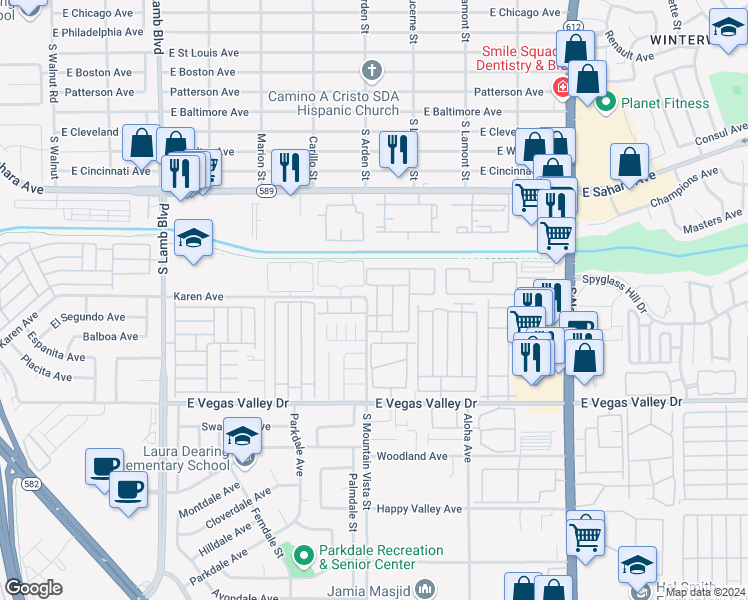 map of restaurants, bars, coffee shops, grocery stores, and more near 2705 Jennydiane Drive in Las Vegas