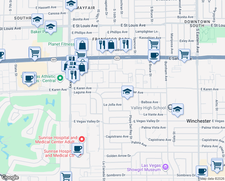 map of restaurants, bars, coffee shops, grocery stores, and more near 1582 East Del Mar Avenue in Las Vegas