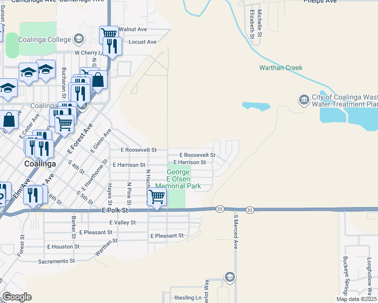 map of restaurants, bars, coffee shops, grocery stores, and more near 495 East Roosevelt Street in Coalinga