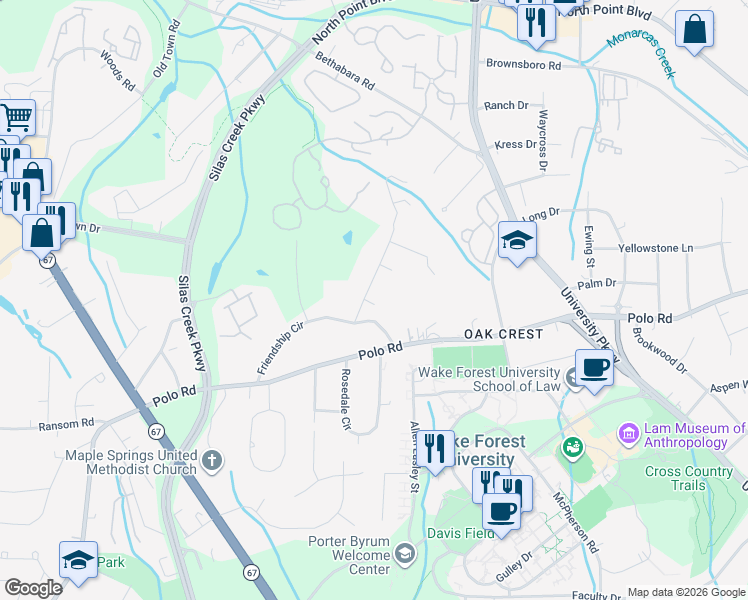 map of restaurants, bars, coffee shops, grocery stores, and more near 151 Idlewilde Drive in Winston-Salem