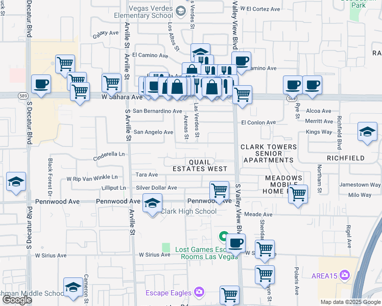 map of restaurants, bars, coffee shops, grocery stores, and more near 2851 South Valley View Boulevard in Las Vegas