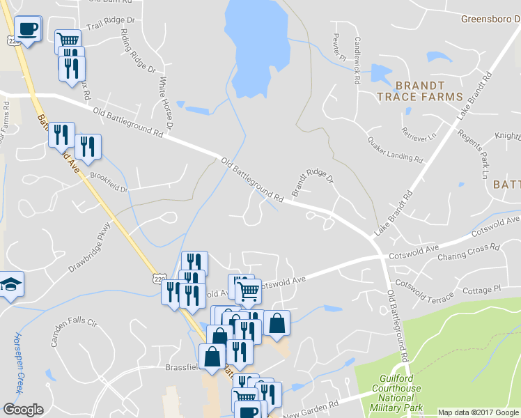map of restaurants, bars, coffee shops, grocery stores, and more near 3015 Greystone Point in Greensboro