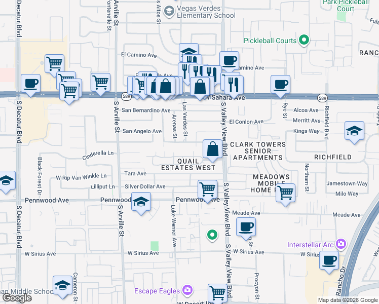 map of restaurants, bars, coffee shops, grocery stores, and more near 4001 San Joaquin Avenue in Las Vegas