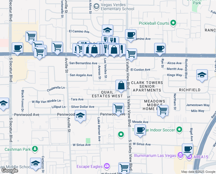map of restaurants, bars, coffee shops, grocery stores, and more near 2851 South Valley View Boulevard in Las Vegas