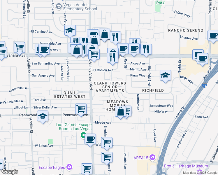 map of restaurants, bars, coffee shops, grocery stores, and more near 2701 Clark Towers Court in Las Vegas