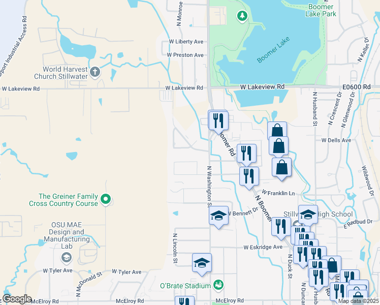 map of restaurants, bars, coffee shops, grocery stores, and more near 1009 Brooke Hollow Drive in Stillwater