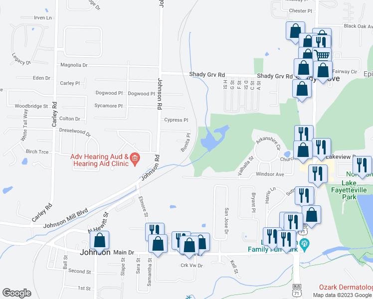 map of restaurants, bars, coffee shops, grocery stores, and more near 5001 Bonita Place in Springdale