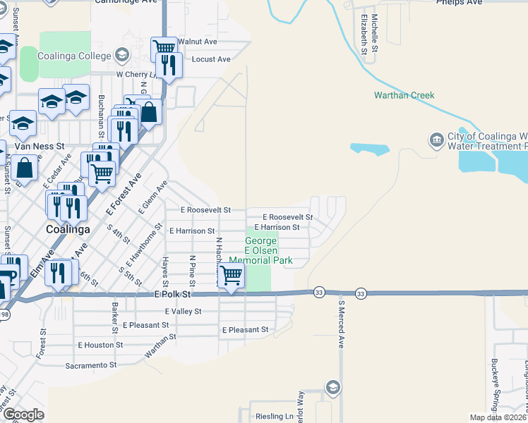 map of restaurants, bars, coffee shops, grocery stores, and more near 459 East Roosevelt Street in Coalinga