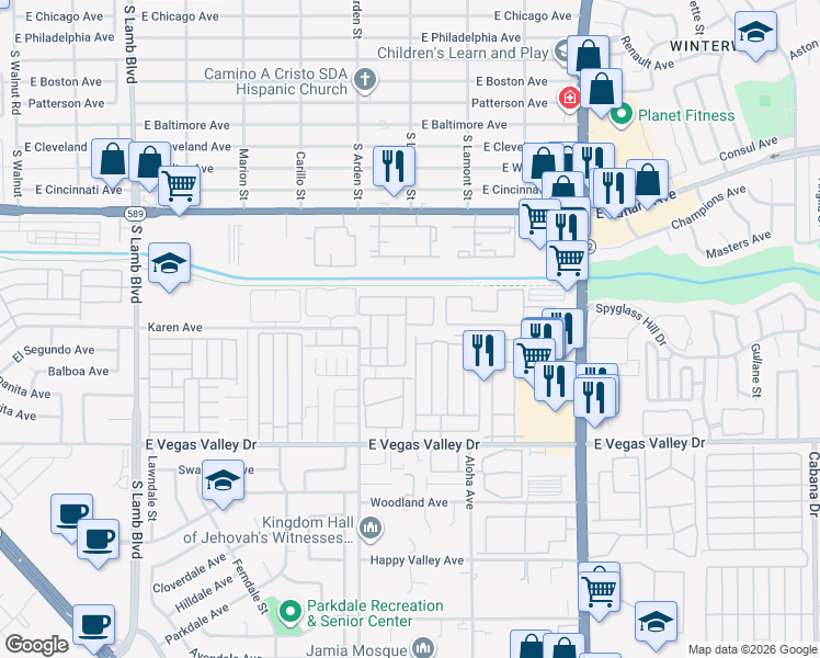 map of restaurants, bars, coffee shops, grocery stores, and more near 4670 Tracylynn Lane in Las Vegas