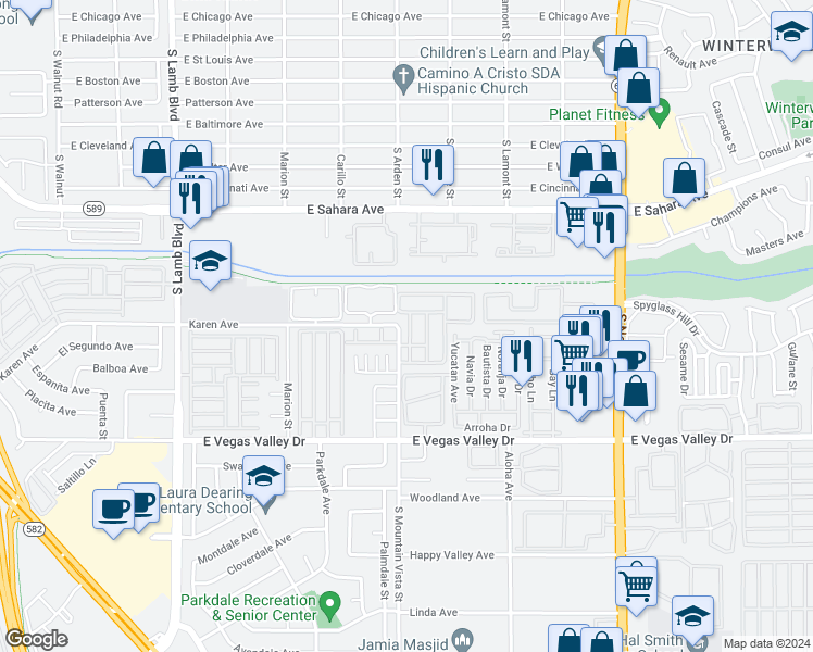 map of restaurants, bars, coffee shops, grocery stores, and more near 2685 Jennydiane Drive in Las Vegas