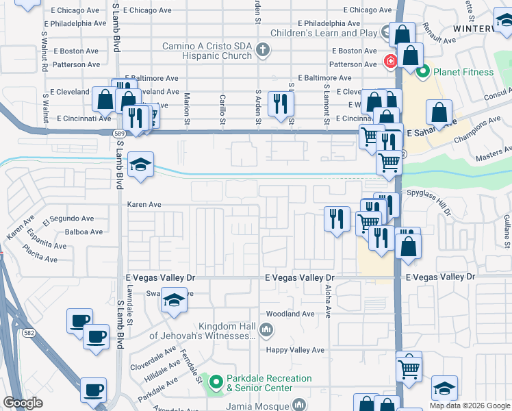 map of restaurants, bars, coffee shops, grocery stores, and more near 2685 Jennydiane Drive in Las Vegas