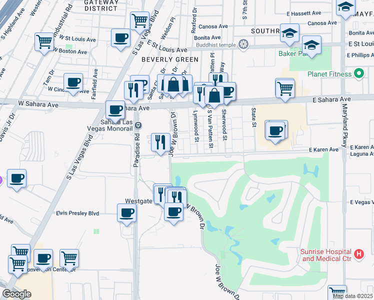 map of restaurants, bars, coffee shops, grocery stores, and more near 2658 Karen Court in Las Vegas