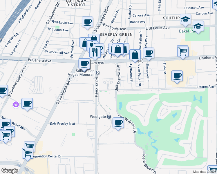 map of restaurants, bars, coffee shops, grocery stores, and more near 222 East Karen Avenue in Las Vegas
