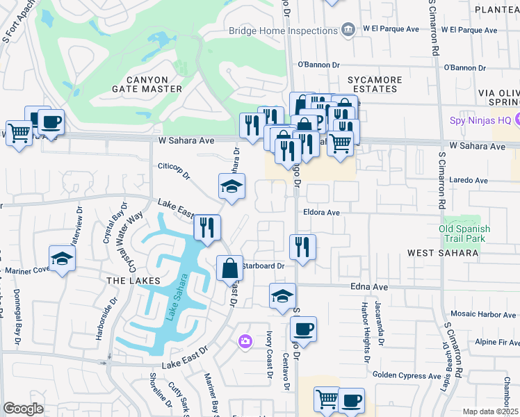 map of restaurants, bars, coffee shops, grocery stores, and more near 2627 South Durango Drive in Las Vegas