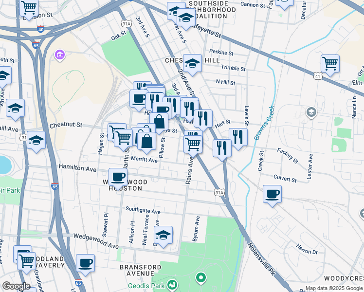 map of restaurants, bars, coffee shops, grocery stores, and more near 1300 Little Hamilton Avenue in Nashville