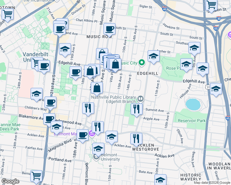 map of restaurants, bars, coffee shops, grocery stores, and more near 1309 15th Avenue in Nashville
