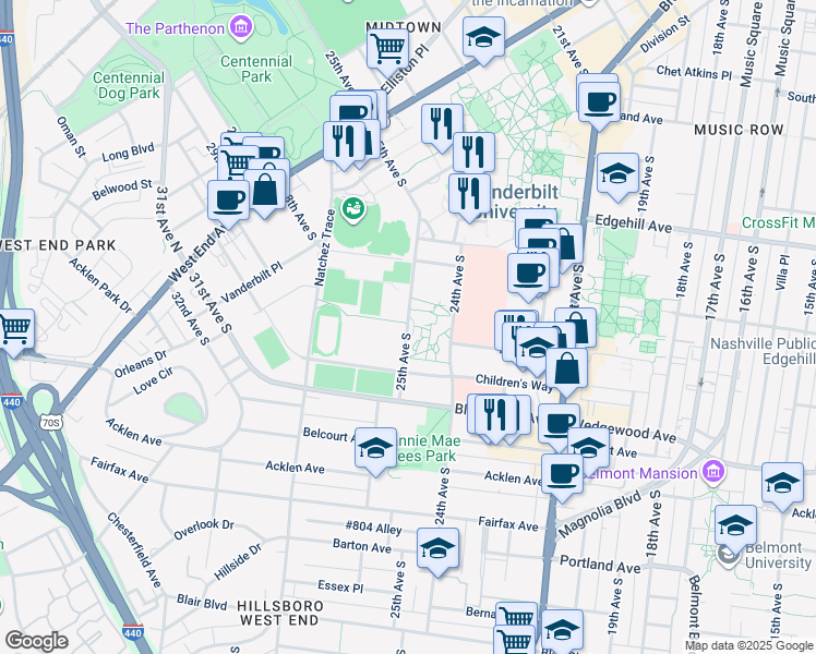 map of restaurants, bars, coffee shops, grocery stores, and more near 1408 25th Avenue South in Nashville