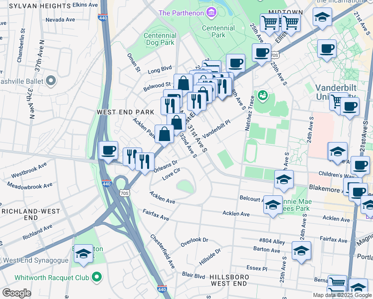map of restaurants, bars, coffee shops, grocery stores, and more near in Nashville