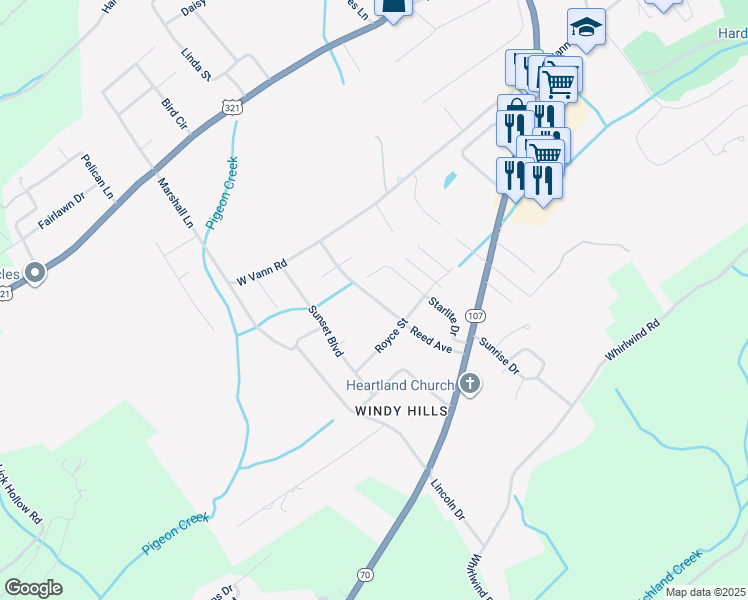 map of restaurants, bars, coffee shops, grocery stores, and more near Reed Avenue in Greeneville