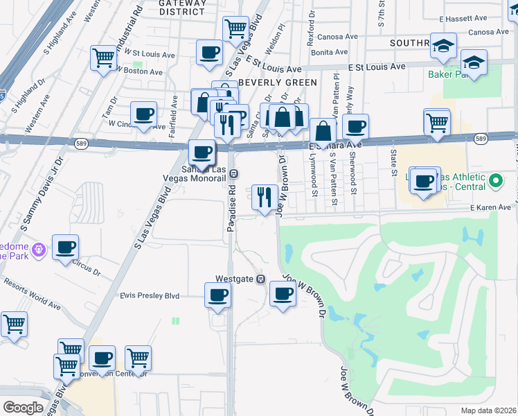 map of restaurants, bars, coffee shops, grocery stores, and more near 222 East Karen Avenue in Las Vegas