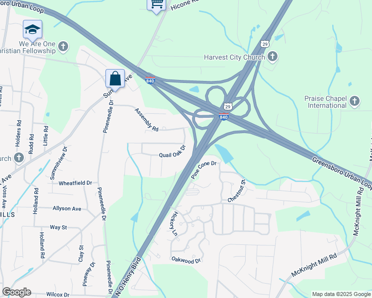 map of restaurants, bars, coffee shops, grocery stores, and more near 3018 Quail Oak Drive in Greensboro