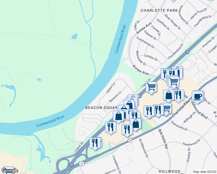 map of restaurants, bars, coffee shops, grocery stores, and more near 6612 Upton Lane in Nashville