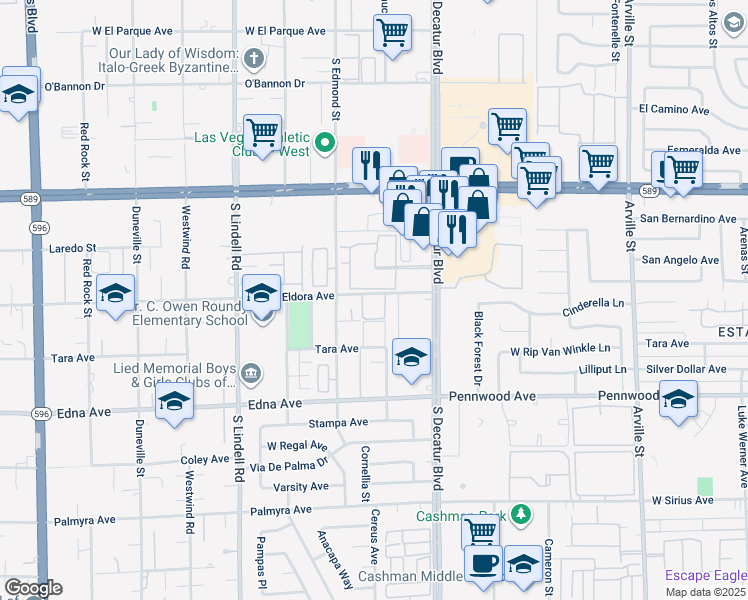 map of restaurants, bars, coffee shops, grocery stores, and more near 5117 Eldora Avenue in Las Vegas