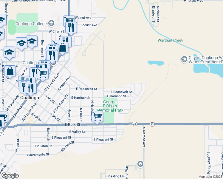 map of restaurants, bars, coffee shops, grocery stores, and more near 459 East Roosevelt Street in Coalinga