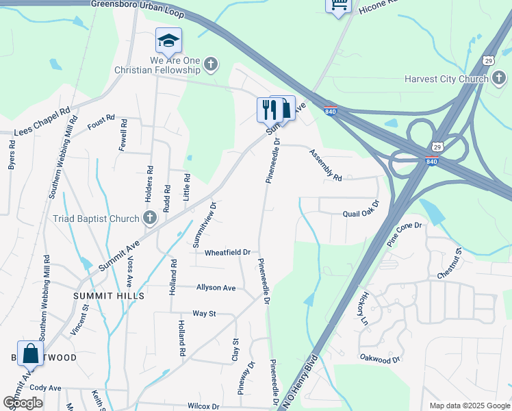 map of restaurants, bars, coffee shops, grocery stores, and more near 4205 Pineneedle Drive in Greensboro