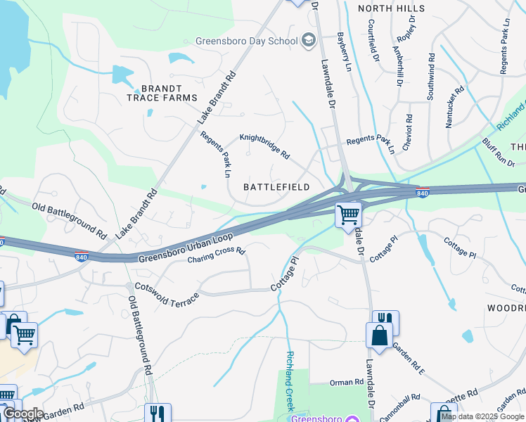 map of restaurants, bars, coffee shops, grocery stores, and more near 3411 Regents Park Lane in Greensboro