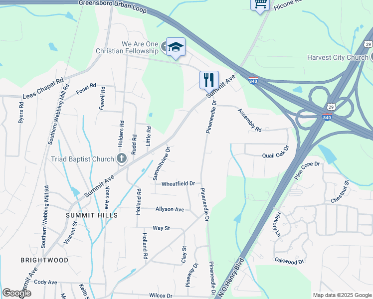 map of restaurants, bars, coffee shops, grocery stores, and more near 4205 Pineneedle Drive in Greensboro
