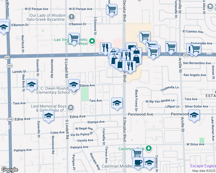 map of restaurants, bars, coffee shops, grocery stores, and more near 5063 Eldora Avenue in Las Vegas