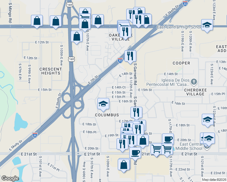 map of restaurants, bars, coffee shops, grocery stores, and more near 10822 East 14th Court in Tulsa