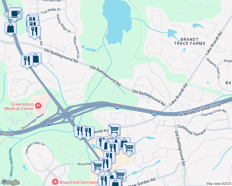 map of restaurants, bars, coffee shops, grocery stores, and more near 3004 Greystone Point in Greensboro