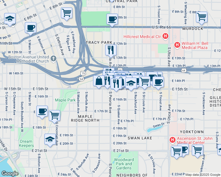 map of restaurants, bars, coffee shops, grocery stores, and more near E 15th St & S Peoria Ave in Tulsa