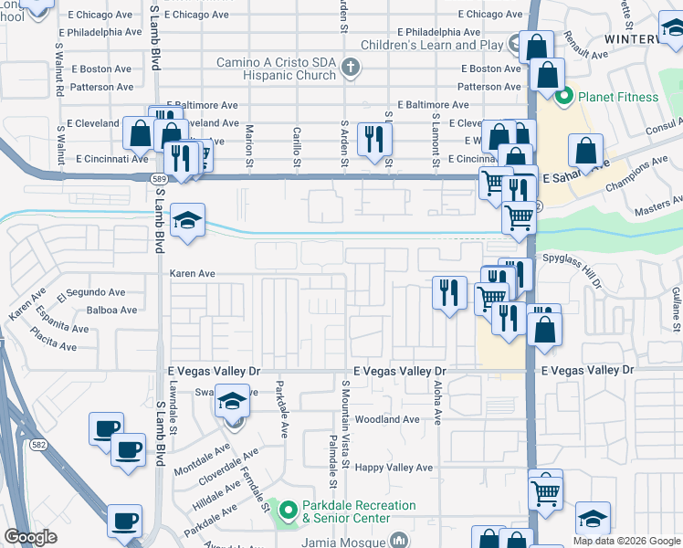 map of restaurants, bars, coffee shops, grocery stores, and more near 2685 Jennydiane Drive in Las Vegas