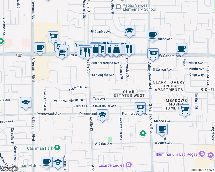 map of restaurants, bars, coffee shops, grocery stores, and more near 2851 South Valley View Boulevard in Las Vegas