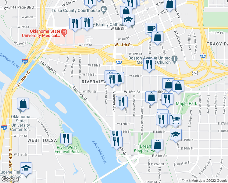 map of restaurants, bars, coffee shops, grocery stores, and more near 1498 South Denver Avenue in Tulsa
