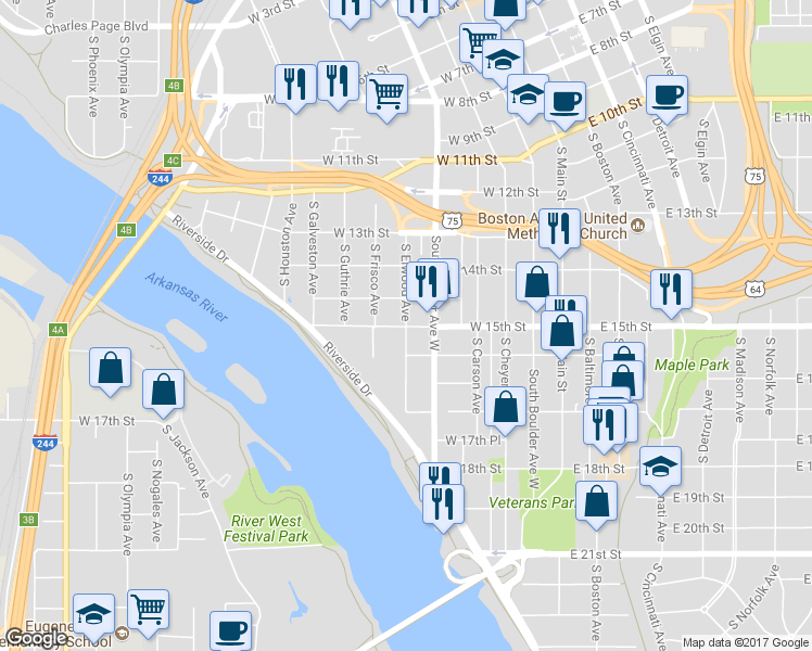map of restaurants, bars, coffee shops, grocery stores, and more near 1498 South Elwood Avenue in Tulsa