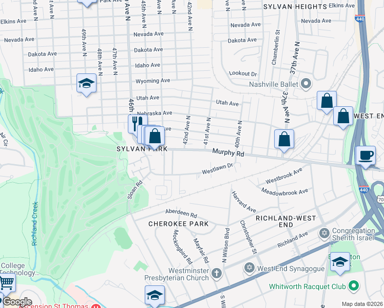 map of restaurants, bars, coffee shops, grocery stores, and more near 4108 Murphy Road in Nashville