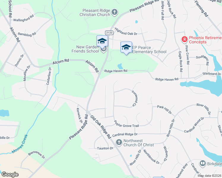 map of restaurants, bars, coffee shops, grocery stores, and more near 7406 Poplar Grove Trail in Greensboro