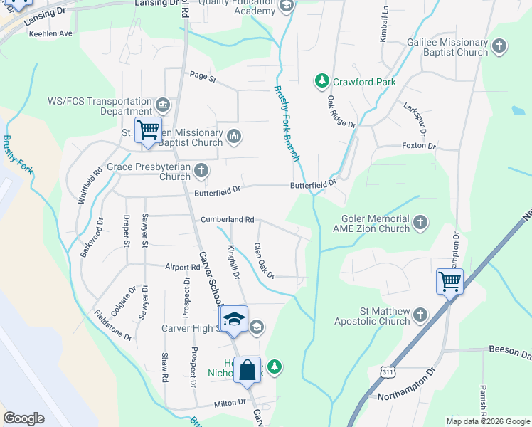 map of restaurants, bars, coffee shops, grocery stores, and more near 3401 Cumberland Road in Winston-Salem