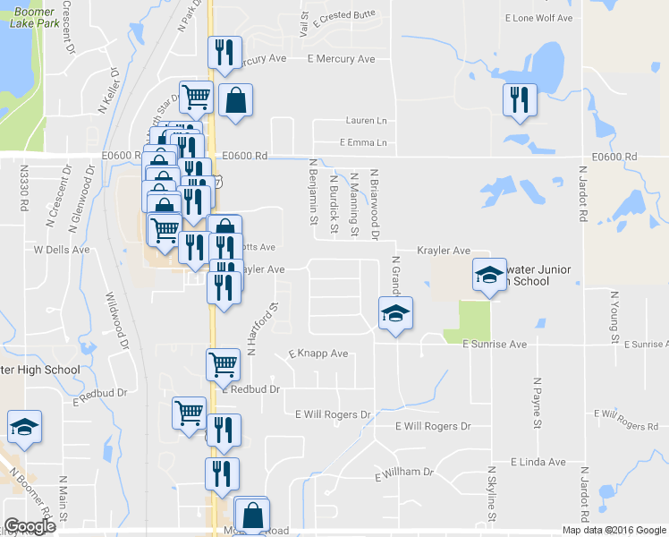 map of restaurants, bars, coffee shops, grocery stores, and more near 927 East Krayler Avenue in Stillwater