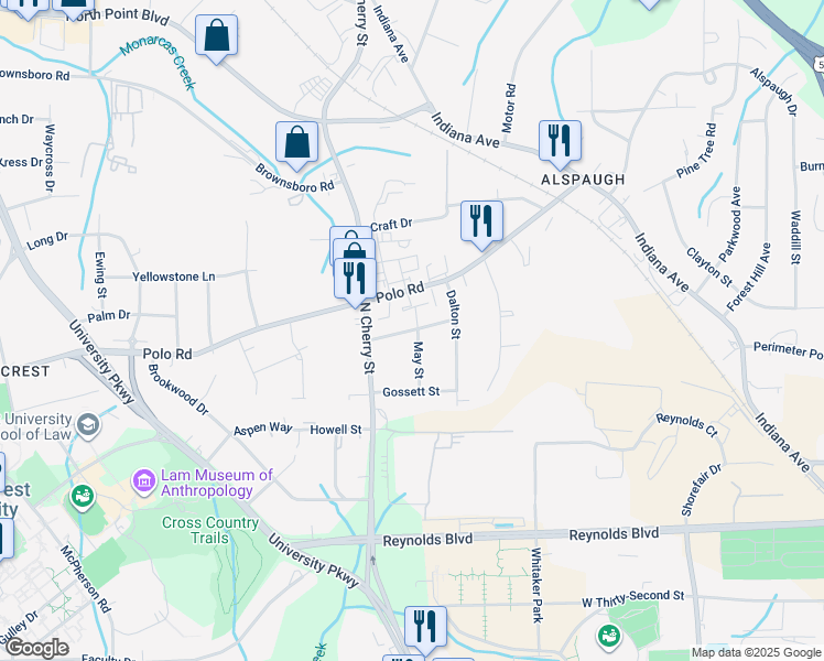 map of restaurants, bars, coffee shops, grocery stores, and more near McCanless Street in Winston-Salem