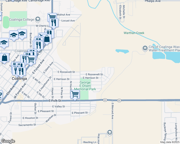 map of restaurants, bars, coffee shops, grocery stores, and more near 495 East Roosevelt Street in Coalinga