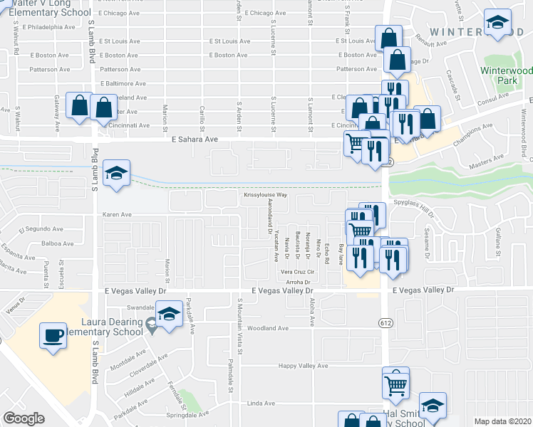 map of restaurants, bars, coffee shops, grocery stores, and more near 4670 Tracylynn Lane in Las Vegas