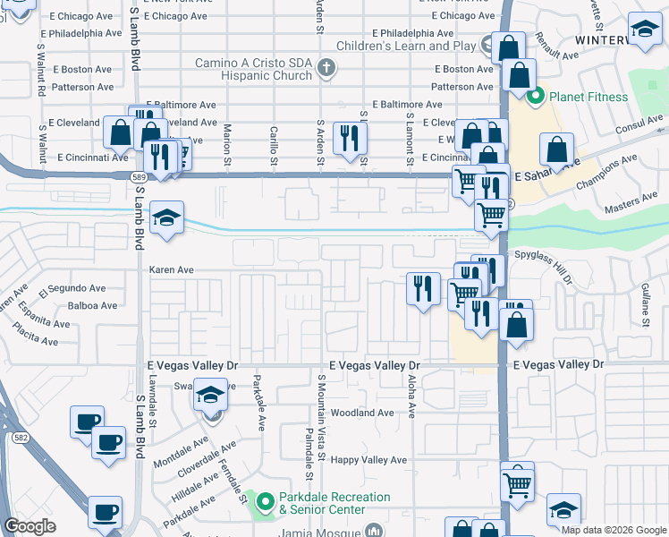 map of restaurants, bars, coffee shops, grocery stores, and more near 2685 Jennydiane Drive in Las Vegas