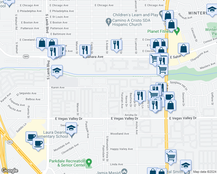 map of restaurants, bars, coffee shops, grocery stores, and more near 2685 Jennydiane Drive in Las Vegas
