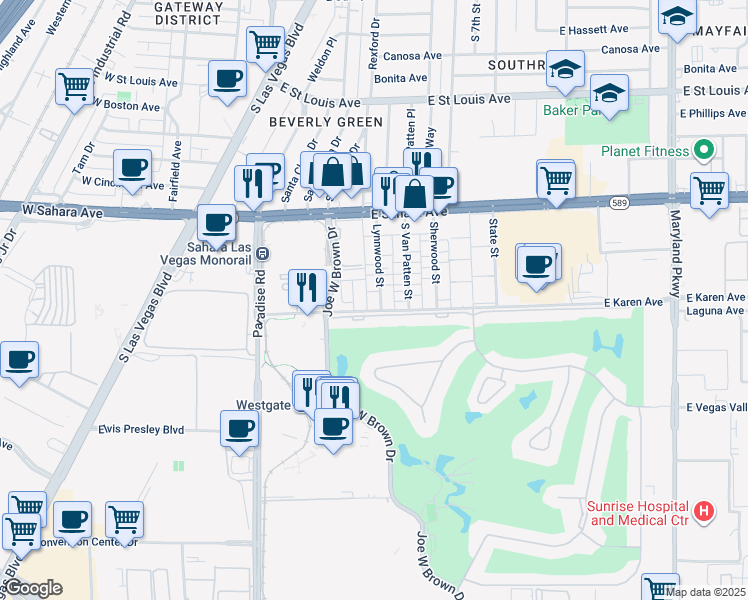 map of restaurants, bars, coffee shops, grocery stores, and more near 2658 Karen Court in Las Vegas
